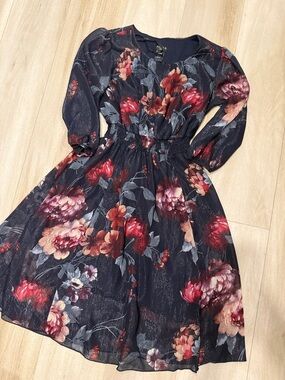 Navy Floral Long-Sleeve Smocked-Waist Dress